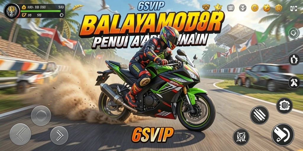 Screenshot gameplay 6SVIP menampilkan aksi balapan motor yang intens.