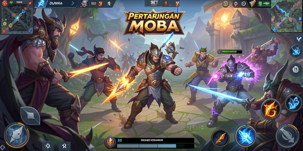 Tangkapan layar utama menunjukkan aksi seru dari gameplay MOBA.