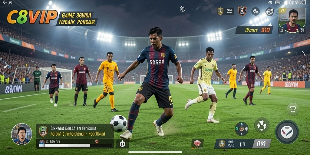 Screenshot gameplay C8VIP menampilkan pertandingan sepak bola yang mendebarkan.