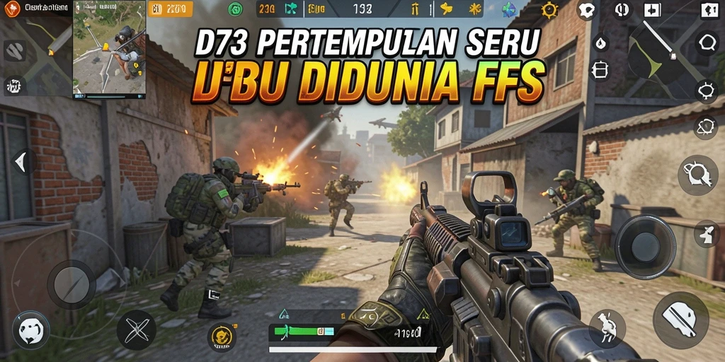Screenshot D73 menunjukkan pemain dalam aksi pertempuran sengit di medan perang FPS.
