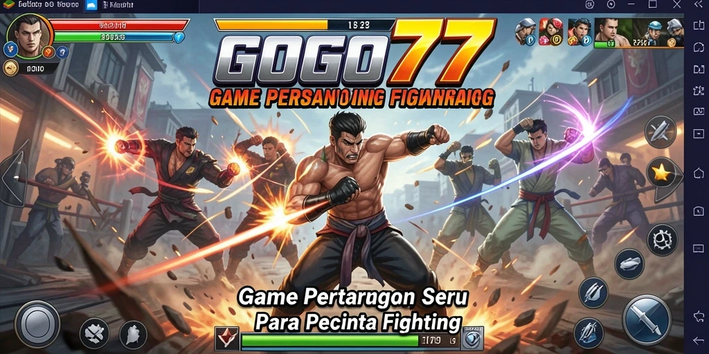 Screenshot GOGO77 menampilkan pertarungan intens antara karakter-karakter unik.