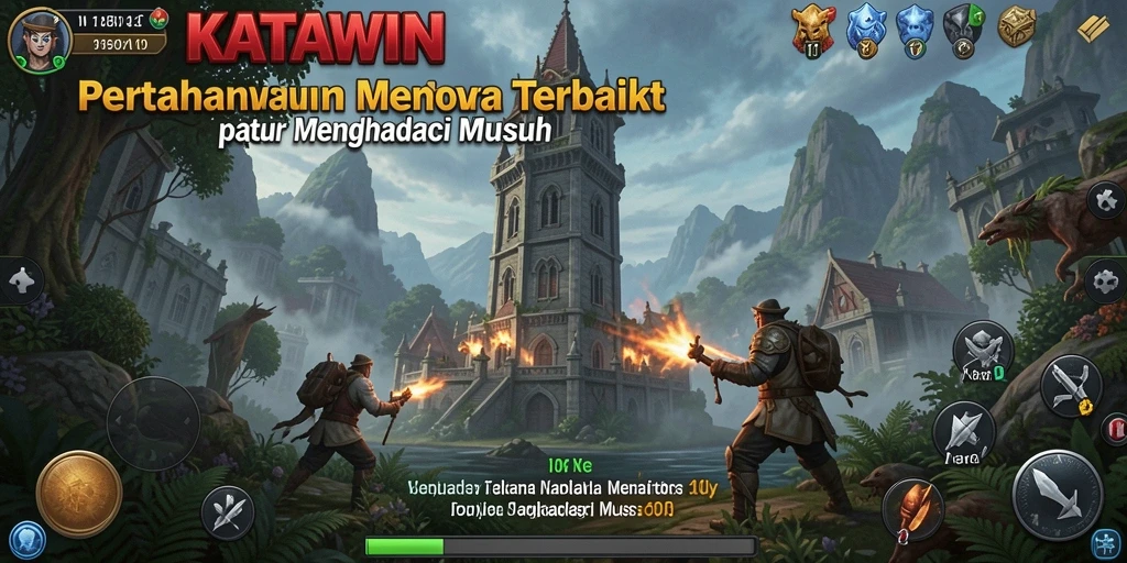 Screenshot gameplay KATAWIN menampilkan menara pertahanan yang strategis di medan tempur.