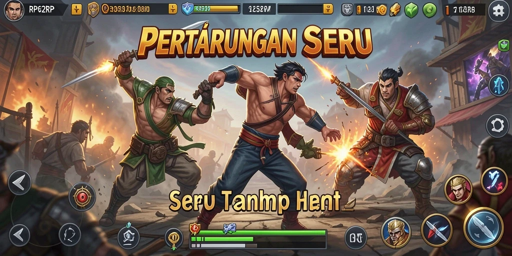 Tampilan gameplay seru dengan karakter bertarung di arena.